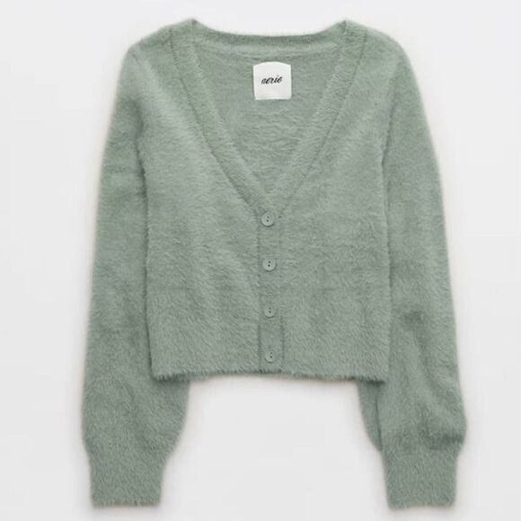 aerie Sweaters - Aerie Fuzzy Cropped Cardigan Sweater Size‎ M Green Ultra Soft Twee